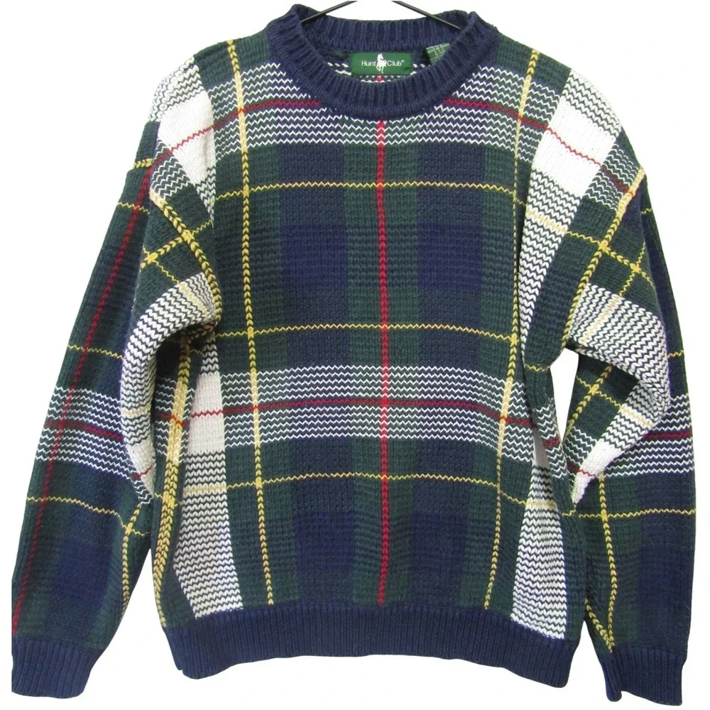 Hunt Club Plaid Crewneck Sweater Mens Medium Green Blue Cotton Vintage Excellent
